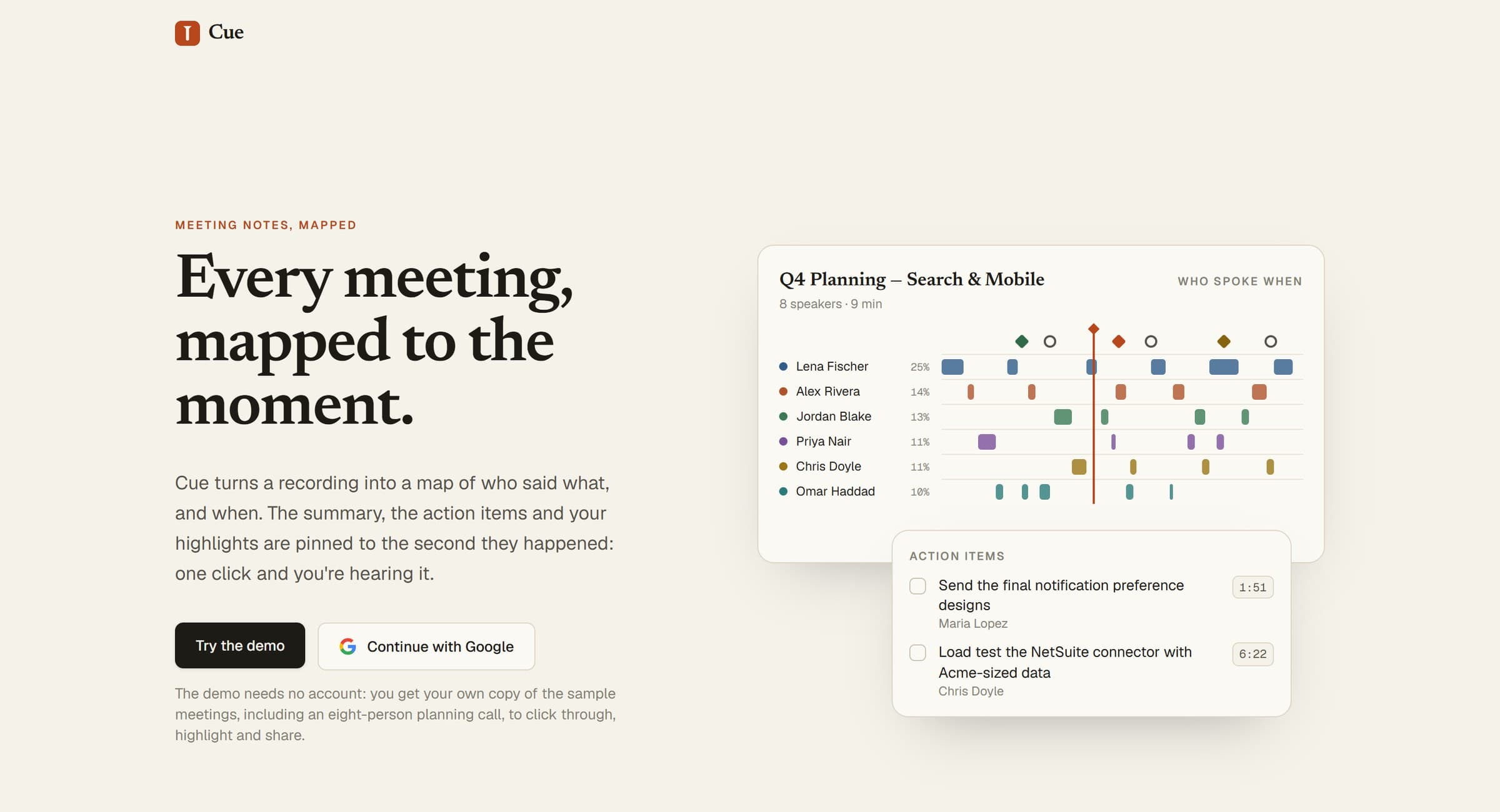 CUE's landing page: a meeting timeline with one lane per speaker and action items pinned to the second